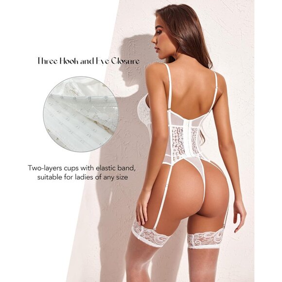 Women White Garter Lingerie Set Tummy Control Teddy Boudoir Outfits - Picture 5 of 7